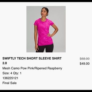 NEW Lululemon swiftly tech 2.0 ripe raspberry size 4.